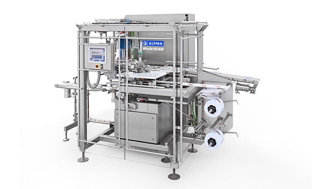 Verpackungsmaschine MultiSAN &ndash; Vollautomatische Maschine zum Verpacken von Produkten ohne Einschr&auml;nkungen bei Formen und Folien, ausgestattet mit Edelstahlkonstruktion, Doppel-Folienzuf&uuml;hrung und integriertem Steuerungssystem.