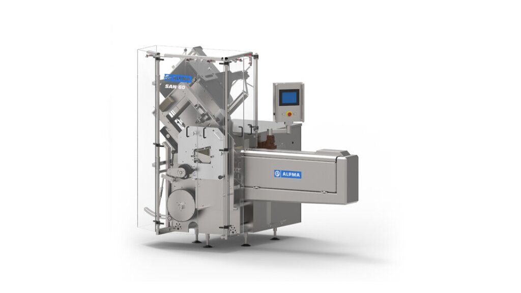 Verpackungsmaschine SAN 60 &ndash; Kompakte halbautomatische Maschine zum Einschlagen kleiner Produkte unterschiedlicher Formen, mit Edelstahlgeh&auml;use, Folienzuf&uuml;hrung und integriertem Steuerungssystem.