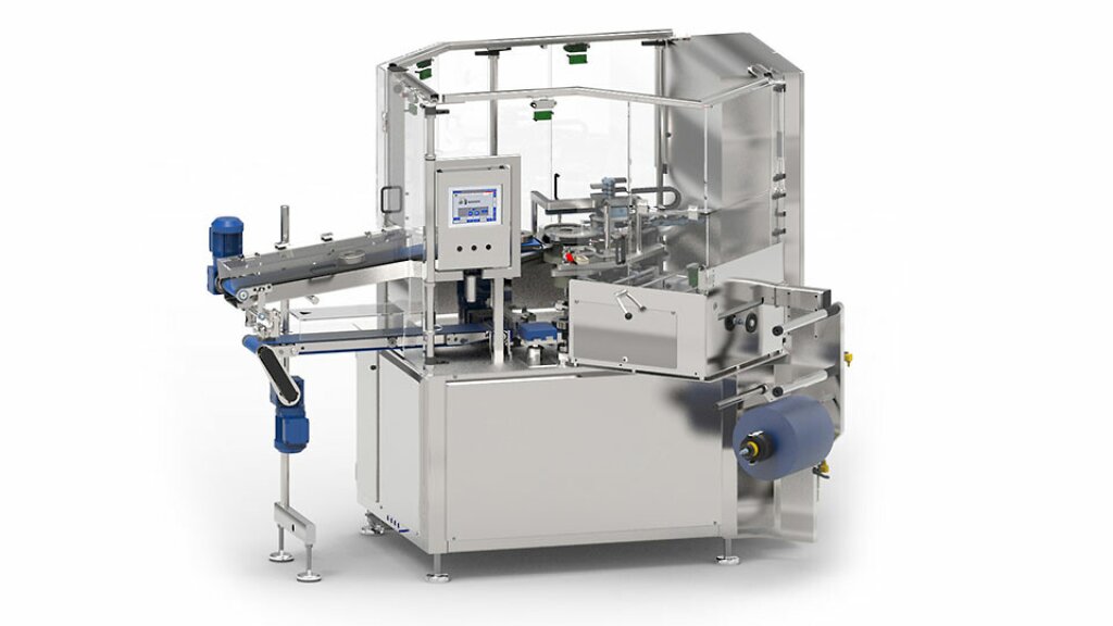 Verpackungsmaschine SAN 60/VS &ndash; Vollautomatische Maschine zum Verpacken verschiedener Produkte und Formen, ausgestattet mit Edelstahlkonstruktion, Folienzuf&uuml;hrung und integriertem Steuerungssystem.
