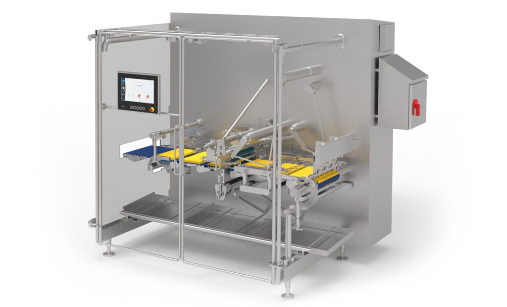 CC Cross Dicer – Industrial cutting machine for dicing cheese slabs, featuring a stainless steel housing, conveyor belt, and integrated control panel.