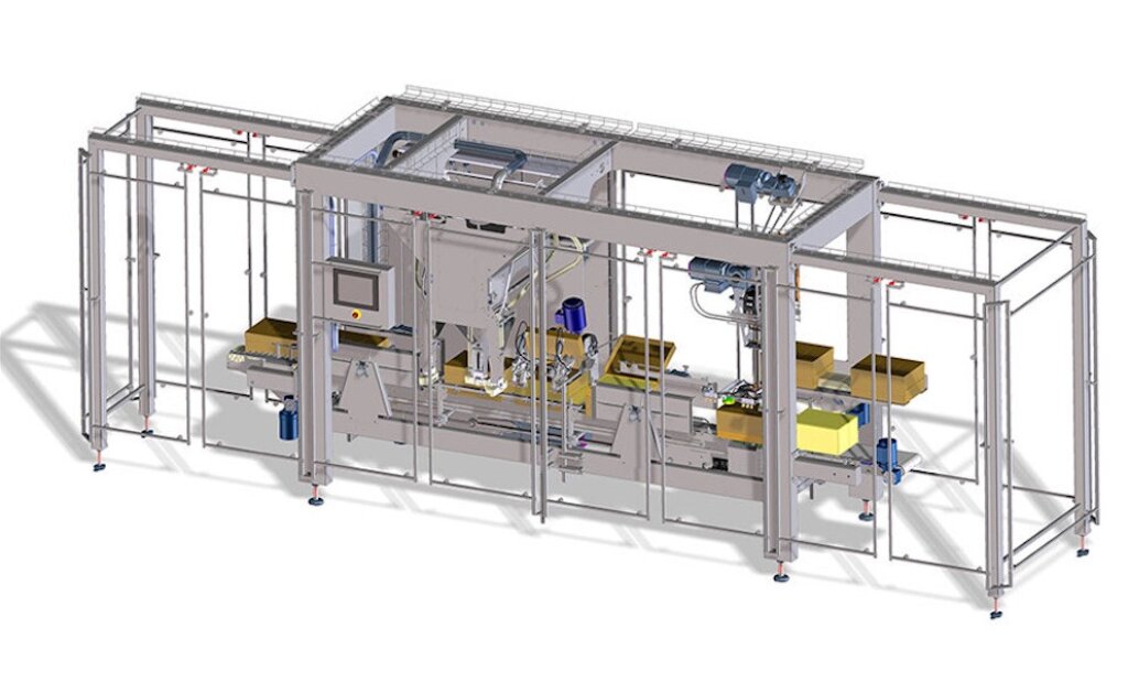 Industrielle Deboxer-DBM-Anlage zum automatischen Entkartonieren von foliengereiften Cheddar-Bl&ouml;cken, ausgestattet mit F&ouml;rderband und Schutzrahmen.