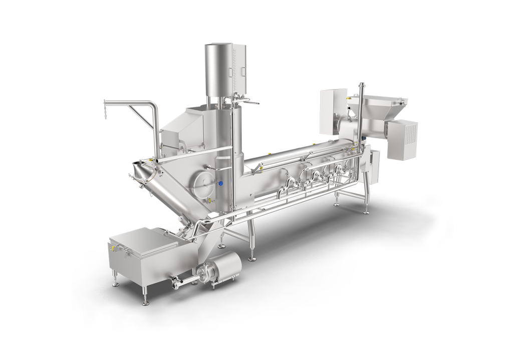 Industrial hot-water stretching system with a kneading screw for the production of high-dry-matter pasta filata cheese.