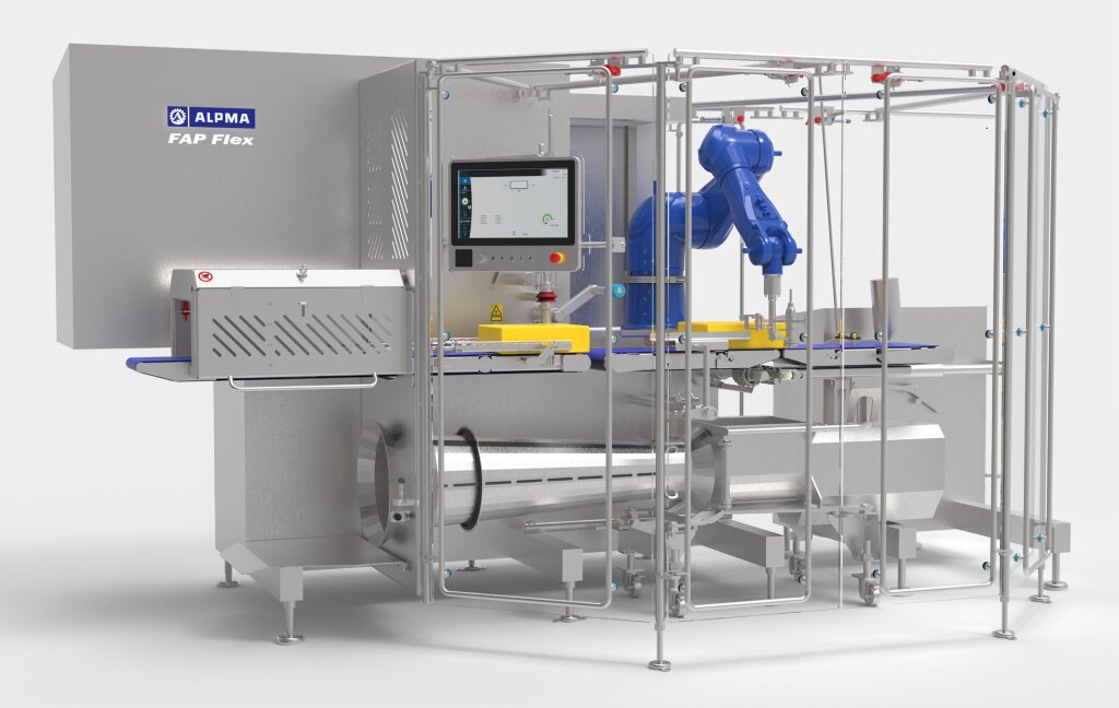 Industrielle Folienauspackmaschine FAP Flex mit Roboterarm, Edelstahlkonstruktion und Bedienpanel zum automatischen Auspacken von foliengereiften K&auml;sebl&ouml;cken.