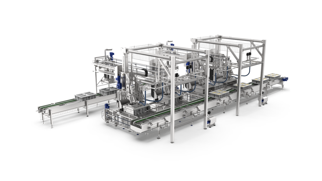 FORMATIC stainless steel curd portioning system for producing cheese with a closed texture or fermentation eyes. Automated system featuring conveyor belts and portioning stations for precise cheese curd processing.