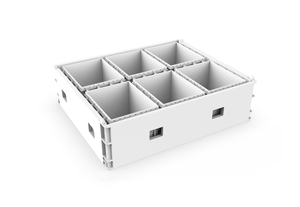 Six-compartment mold for cheese production, with side openings for whey drainage during the draining phase.
