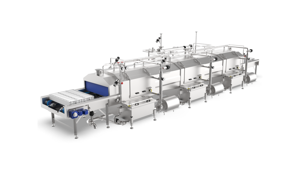 Stainless steel mold cleaning system: Automated system for the continuous cleaning of cheese molds in industrial cheese production. Enclosed design with integrated spraying and rinsing units.