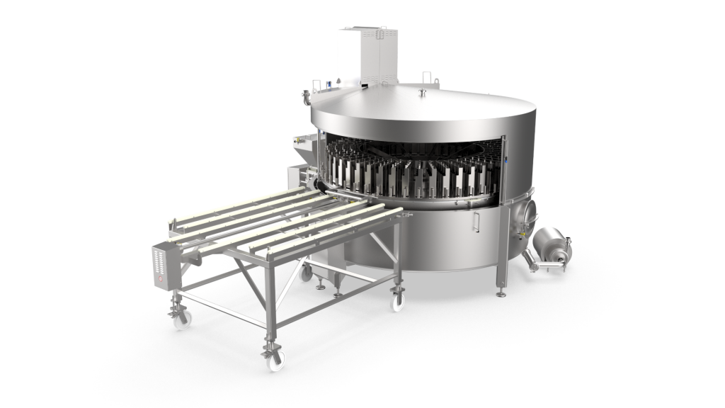 Industrial molding and pre-cooling carousel for the production of pasta filata cheese, featuring circularly arranged molding stations.
