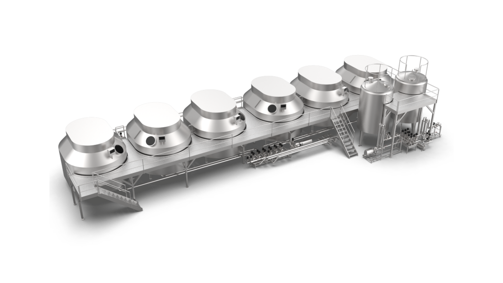 Several stainless steel cheese vats for batch-process curd preparation, complete with platform and stairs.
