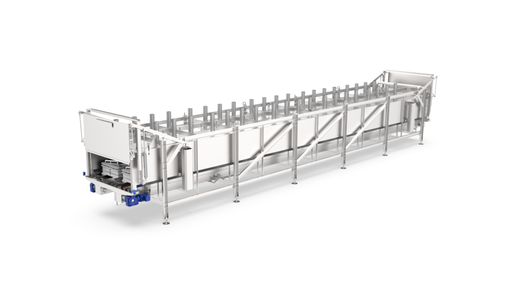 Industrial cheese press with a robust, open design for pressing cheese molds, equipped with stainless steel conveyor belts and pressing stations.