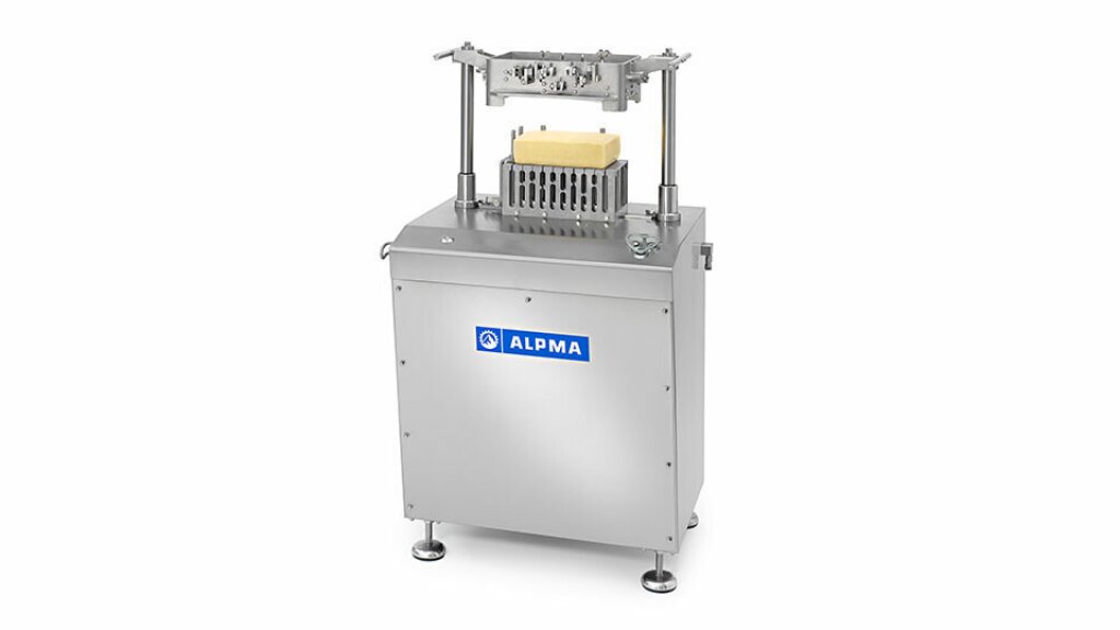 Industrielle K&auml;seteilmaschine HT II aus Edelstahl mit hydraulischem Schneidmechanismus, geeignet zum Schneiden von Weichk&auml;se und Schnittk&auml;se in Portionen.