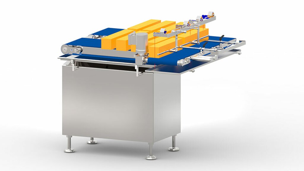 RM Bar Magazine – Industrial machine for buffering and feeding cheese bars to portioning and slicing lines, featuring a stainless steel housing and conveyor system.