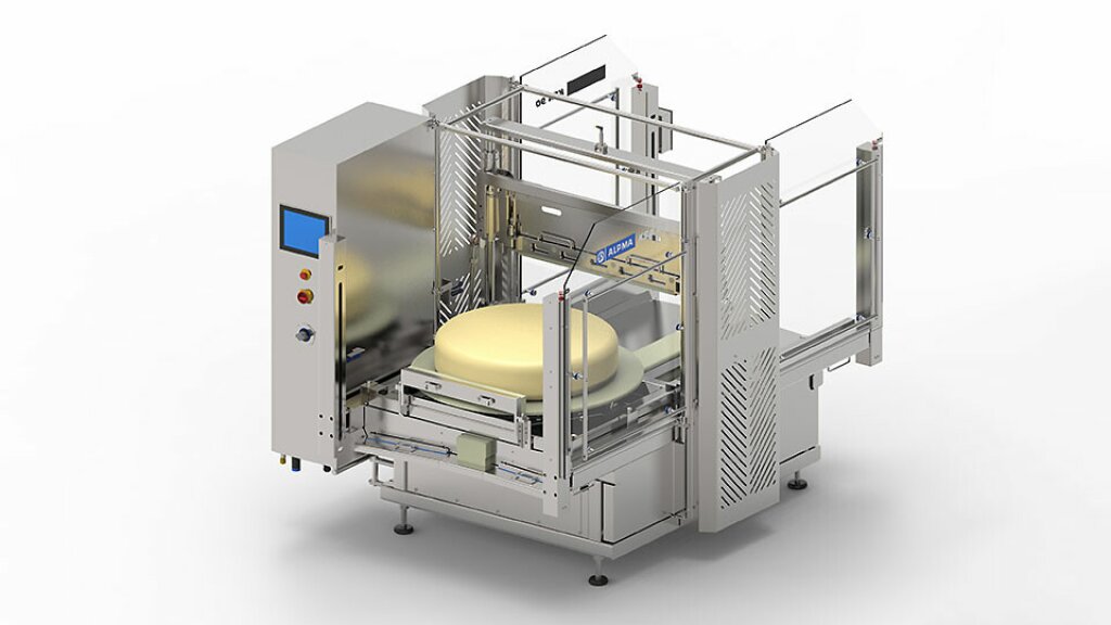 KSA 100 industrial stainless steel cutting machine with safety enclosure and control panel, designed for cutting cheese blocks and wheels into bars or segments.