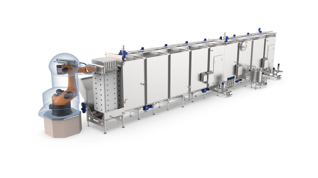 Industrial system for acidifying cheese in block molds, featuring an automated robot arm and enclosed stainless steel modules.