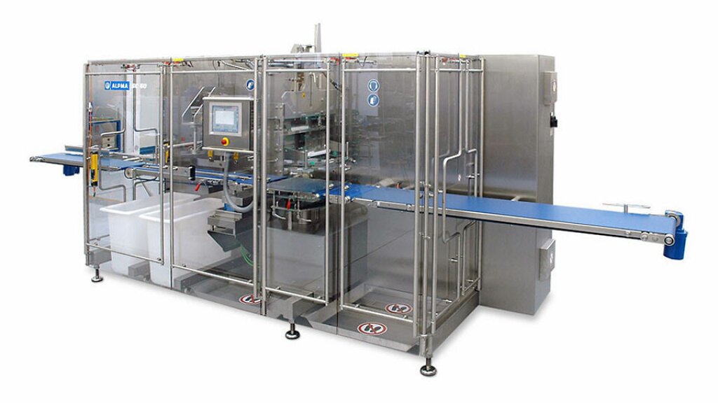 Industrial stainless steel segment cutter SC 60 with safety enclosure, conveyor belt, and control panel, designed for the flexible cutting of cheese wheels into segments.