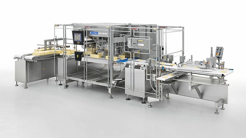 Industrieller St&uuml;ckeschneider CUT 25/HS mit zweispuriger Hochgeschwindigkeits-Schneidelinie, Edelstahlkonstruktion und Bedienpanel, f&uuml;r die Portionierung von bis zu 240 fixgewichtigen K&auml;seportionen pro Minute.